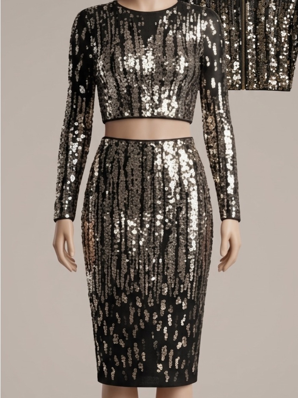 Marciano Sequin 2-Piece Skirt Set Womens XS Black Gold Silver NWT Cropped Midi